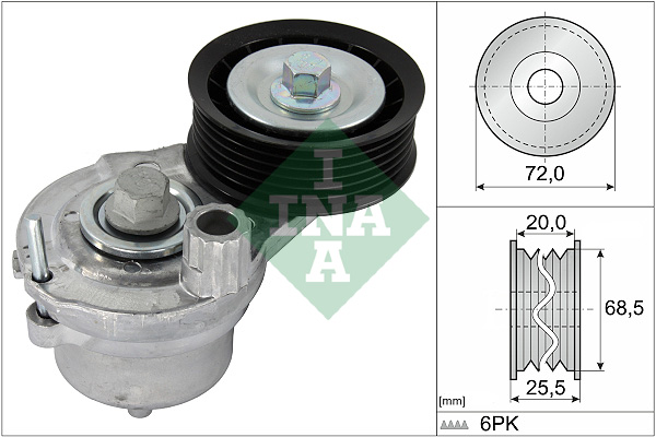 Întinzător curea transmisie Multi-V CHEVROLET CAPTIVA CRUZE ORLANDO OPEL ANTARA A 2.0D/2.2D 08.10- Diametru 72mm Lățime 25.5mm 6 striații INA