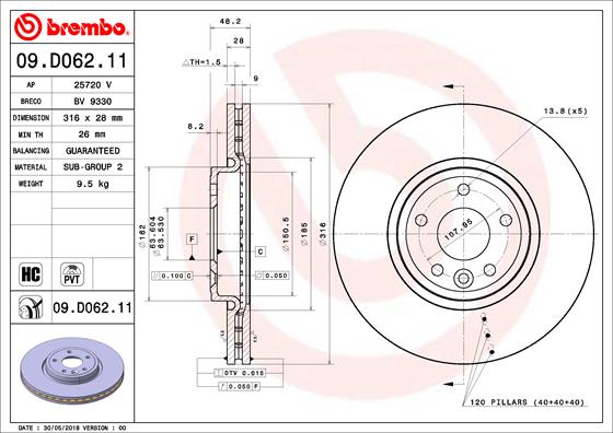 Disc Frana Fata Dreapta/Stanga BREMBO Jaguar XE 2.0/2.0D 03.15- Diametru 316mm Inaltime 48mm Grosime 28mm 5 Gauri Ventilat Intern