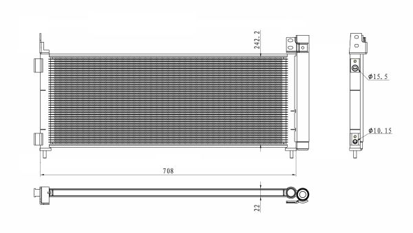 Condensator climatizare NRF cu uscător Toyota RAV 4 IV 2.5H 10.15-12.18 înălțime 258mm lățime 680mm grosime 22mm diametru admisie 15.5mm evacuare 10.1mm