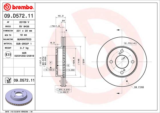 Disc frana BREMBO Fata Dreapta/Stanga SUZUKI CELERIO IGNIS III 1.0/1.2/1.2H 231mm 4 gauri 20mm ventilat intern