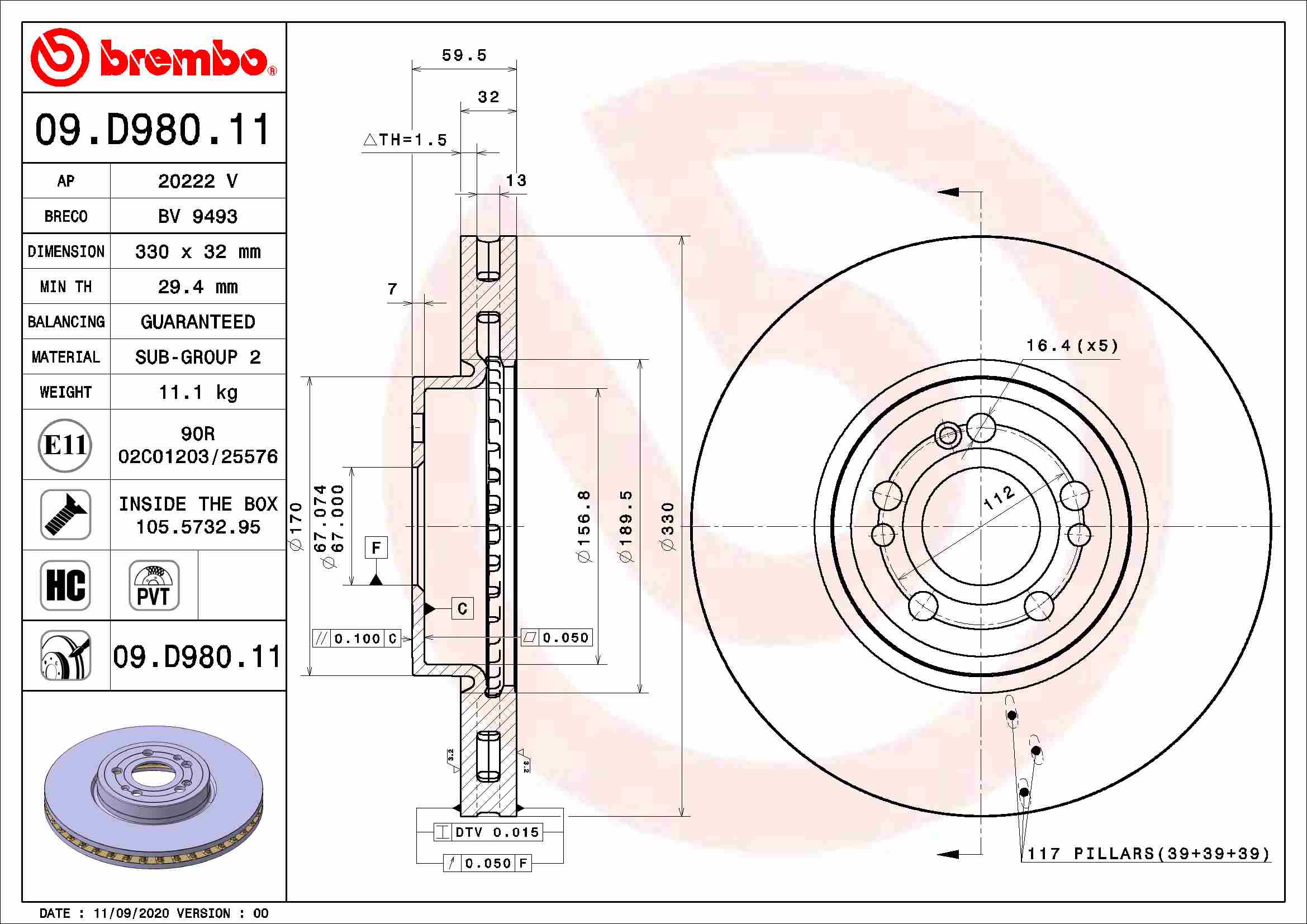 Disc frana fata ventilat intern 330mm BREMBO Mercedes GLE V167 2.0D 10.18-05.21 5 gauri 67mm 32mm grosime 59.5mm inaltime