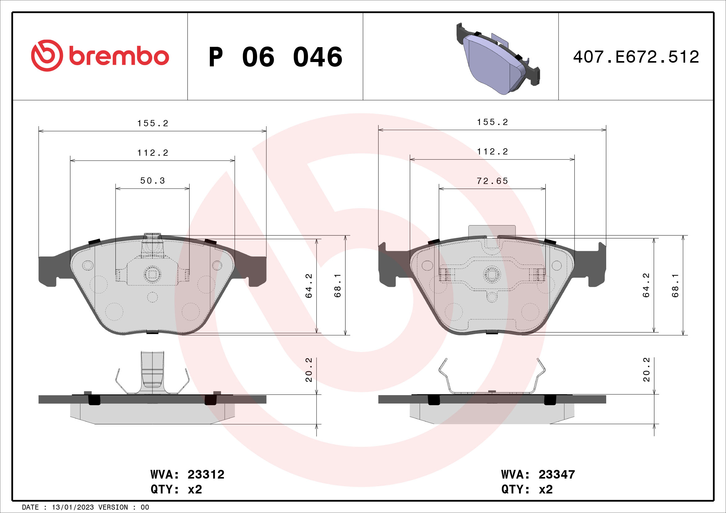 Set placute frana disc BREMBO BMW 1 E82 3 E90 E92 E93 3.0/4.0/4.4 03.07-12.13 Fata 68x155x20mm Senzor uzura Da