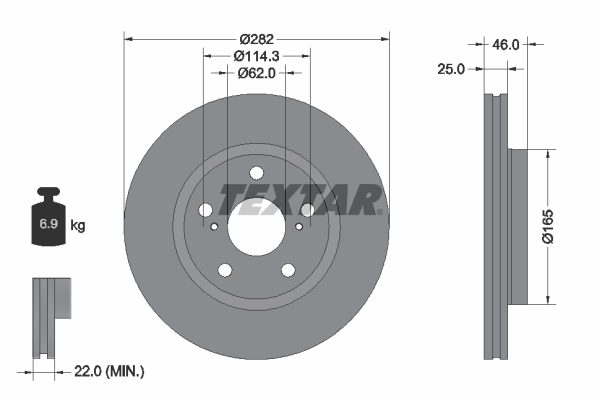 Disc frana TEXTAR Fata Dreapta/Stanga Suzuki Swace Toyota Corolla 1.2-1.8H 10.18- Diametru 282mm Grosime 25mm Ventilat Intern