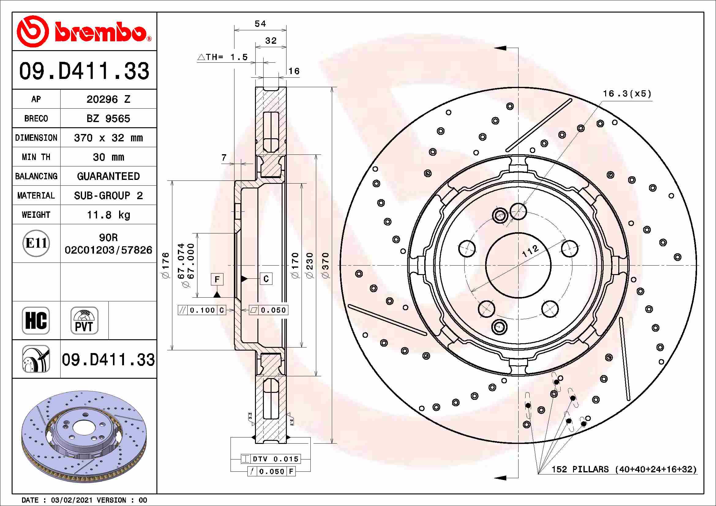 Disc Frana Spate Dreapta/Stanga BREMBO 370mm 32mm 5 Gauri MERCEDES GLE (C167/V167) 3.0H/4.0H 04.19- Ventilat Intern