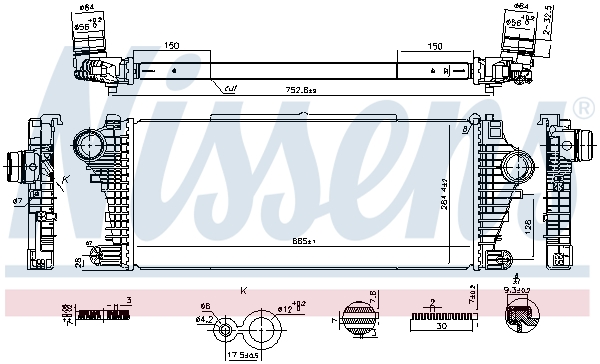 Intercooler NISSENS OPEL INSIGNIA B 1.5-2.0D 665mm Înălțime 284mm Lățime 32mm Grosime Aluminiu/Plastic