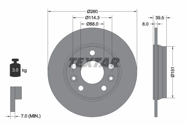 Disc Frana Spate Dreapta/Stanga Renault Zoe Electric 09.19- TEXTAR 260mm 39.5mm 68mm 8mm 5 Gauri