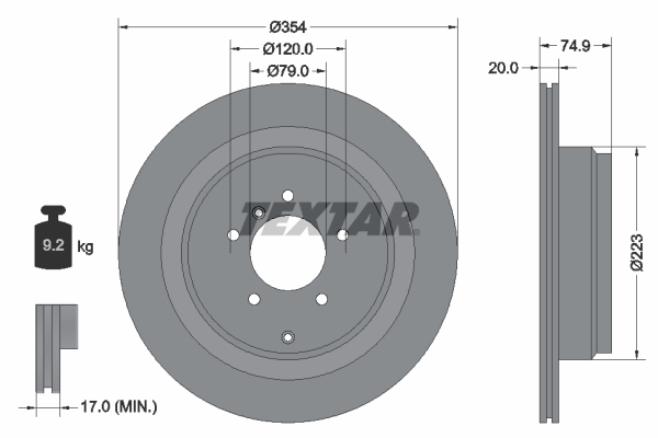 Disc frana TEXTAR Spate Dreapta/Stanga fara pivot LAND ROVER DISCOVERY III RANGE ROVER III 3.0D-4.4 03.02-08.12 354mm 74.9mm 20mm 5 gauri