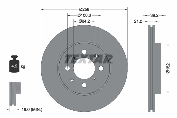 Disc frana TEXTAR Fata Dreapta/Stanga ventilat interior 258.0 mm HONDA CITY IV/V JAZZ II/III 1.2-1.5 03.02- 21.0 mm grosime 4 gauri