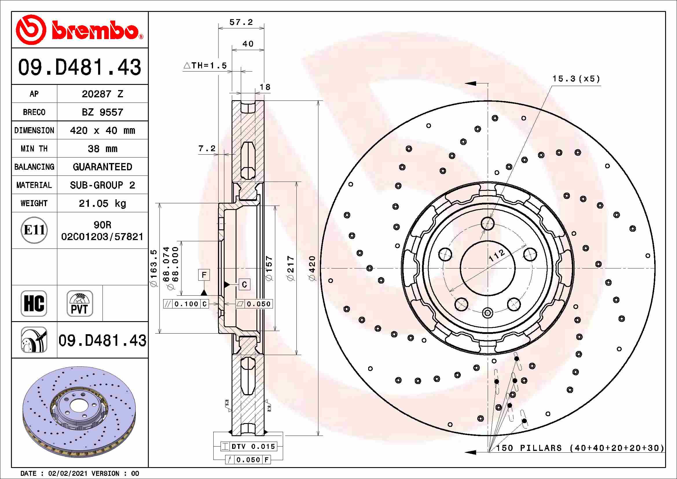 Disc frana BREMBO ventilat intern fata Audi A6 C8 A7 4.0H 09.19- diametru exterior 420mm grosime 40mm 5 gauri 68mm centrare