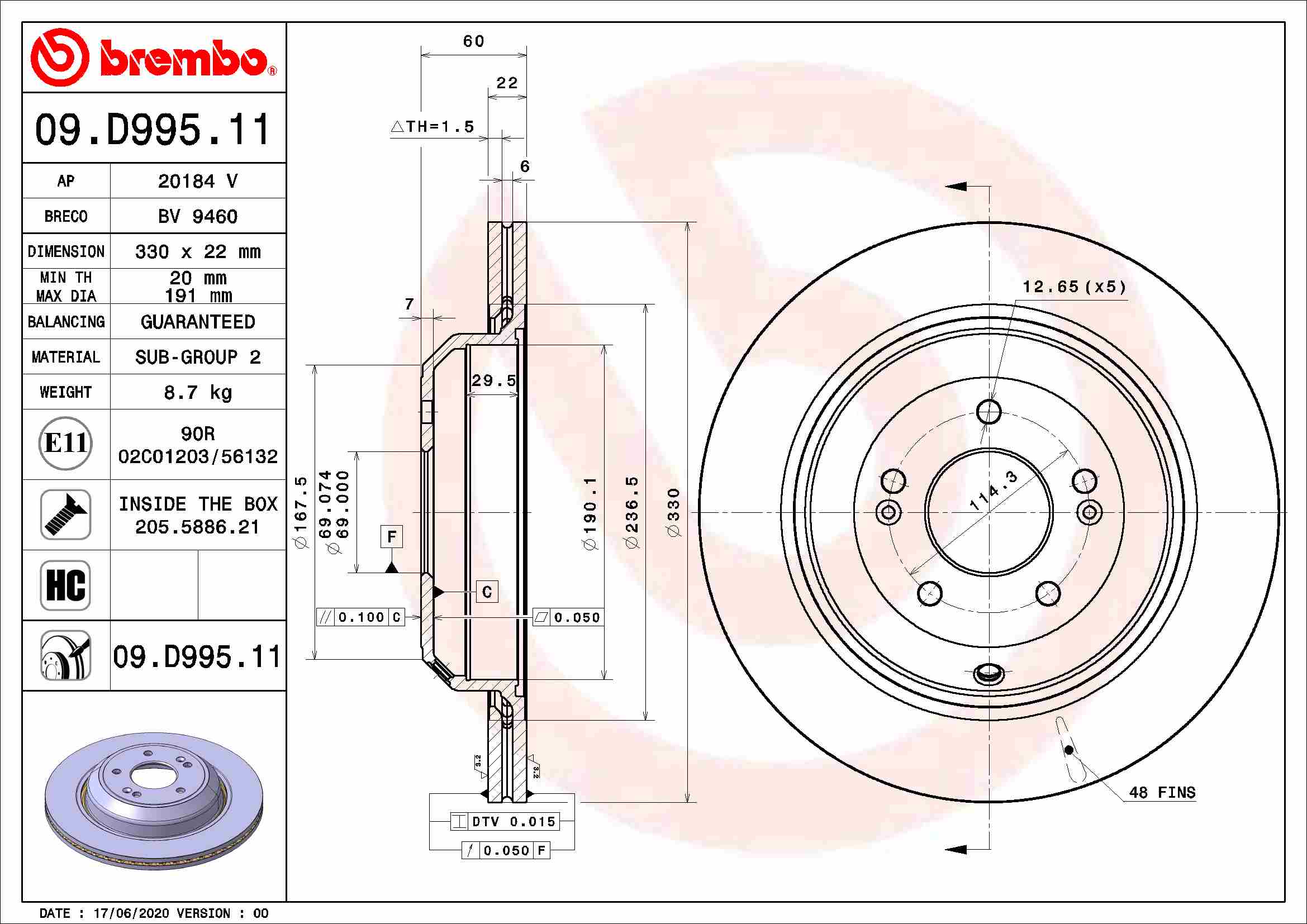 Disc Frana Spate Dreapta/Stanga BREMBO Kia Stinger 2.0 06.17- Ventilat Intern 330mm 22mm 5 Gauri 69mm 60mm Suruburi