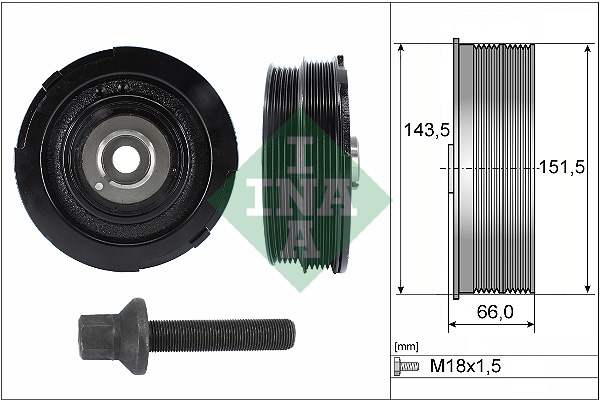 Set Fulie Arbore Cotit INA Crankshaft Pulley Torsion Damper BMW E46 E39 2.0D Diametru 151.5mm Latime 66.0mm 5 Nervuri