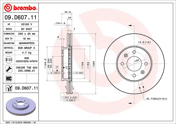 Disc Frana Fata Dreapta/Stanga BREMBO KIA PICANTO 1.0/1.2 03.17- Diametru 256.0 mm Grosime 20.0 mm 4 Gauri Ventilat Intern