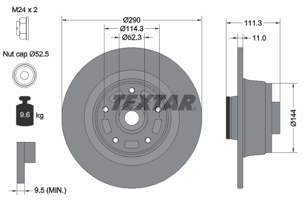 Disc frana spate TEXTAR cu rulment RENAULT MEGANE IV 1.3/1.8 10.17- diametru 290mm grosime 11mm 5 gauri 114.3mm 52.3mm