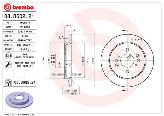 Disc frana Spate BREMBO Honda Jazz IV 1.3 09.15- Diametru exterior 239mm Inaltime 33mm Grosime 9mm Numar gauri 4 Dreapta/Stanga