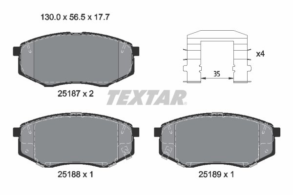 Set placute frana Fata KIA OPTIMA 1.6-2.4 09.15- Inaltime 56.5mm Latime 130.0mm Grosime 17.7mm TEXTAR