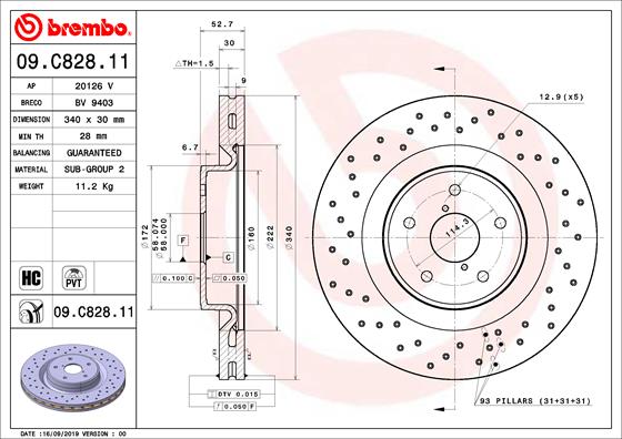 Disc frana BREMBO Fata Dreapta/Stanga SUBARU WRX 2.5 06.14- Diametru 340mm 5 Gauri Grosime 30mm Ventilat/Perforat