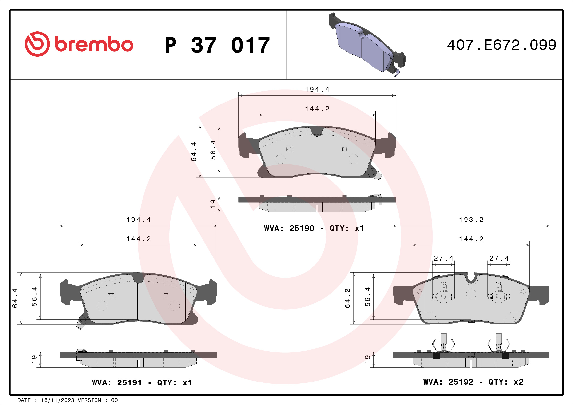 Set Placute Frana Disc BREMBO Fata DODGE DURANGO JEEP GRAND CHEROKEE IV Inaltime 64mm Latime 193mm Grosime 19mm Senzor Uzura Da