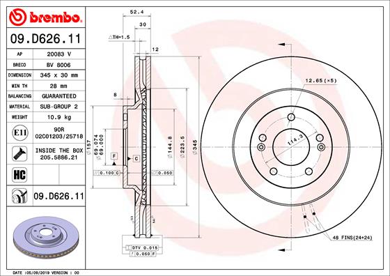 Disc Frana Fata Dreapta/Stanga BREMBO 345mm Ventilat Intern HYUNDAI I30 2.0 07.17- 5 Gauri 114.3mm 69mm 30mm 28mm