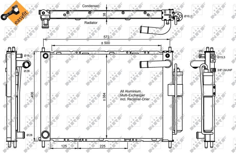 Condensator climatizare NRF aluminiu Nissan Micra III 1.0 01.03-06.10 Inaltime 384mm Latime 500mm Grosime 38mm Uscator Da