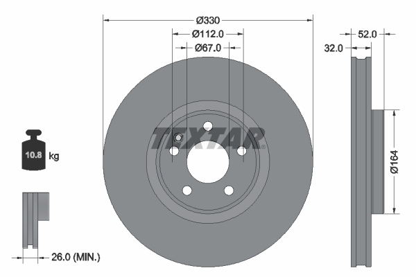 Disc frana TEXTAR Fata Dreapta/Stanga MERCEDES EQV W447 Electric Diametru 330mm Grosime 32mm Ventilat Intern 5 Gauri