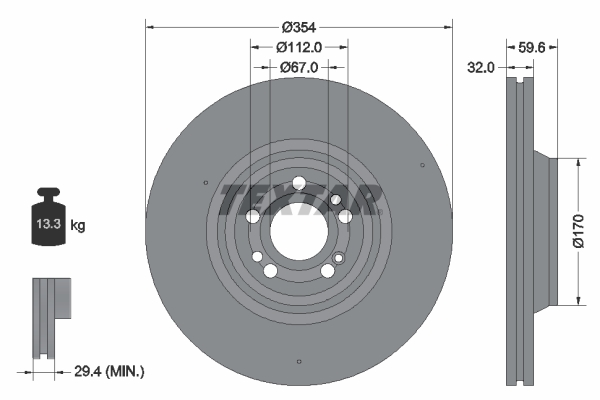 Disc Frana TEXTAR Fata Dreapta/Stanga Mercedes GLE C167 V167 2.0D 2.9D 354mm 32mm 5 Gauri Ventilat Intern