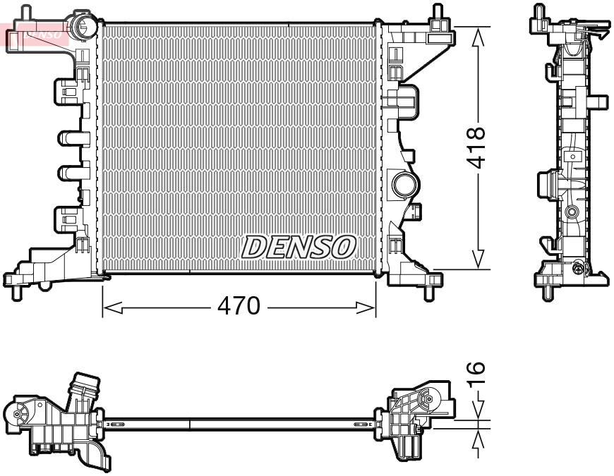 Radiator racire motor DENSO aluminiu Inaltime 470mm Latime 428mm Grosime 16mm Intrare 38mm Iesire 38mm Manual