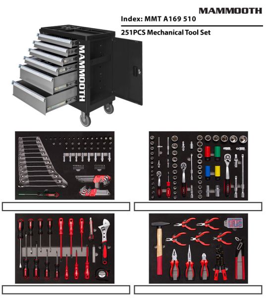 Carucior cu scule MAMMOOTH 251 piese 6 sertare inaltime 900 mm latime 765 mm adancime 460 mm Negru/Gri Serie CONSUMER