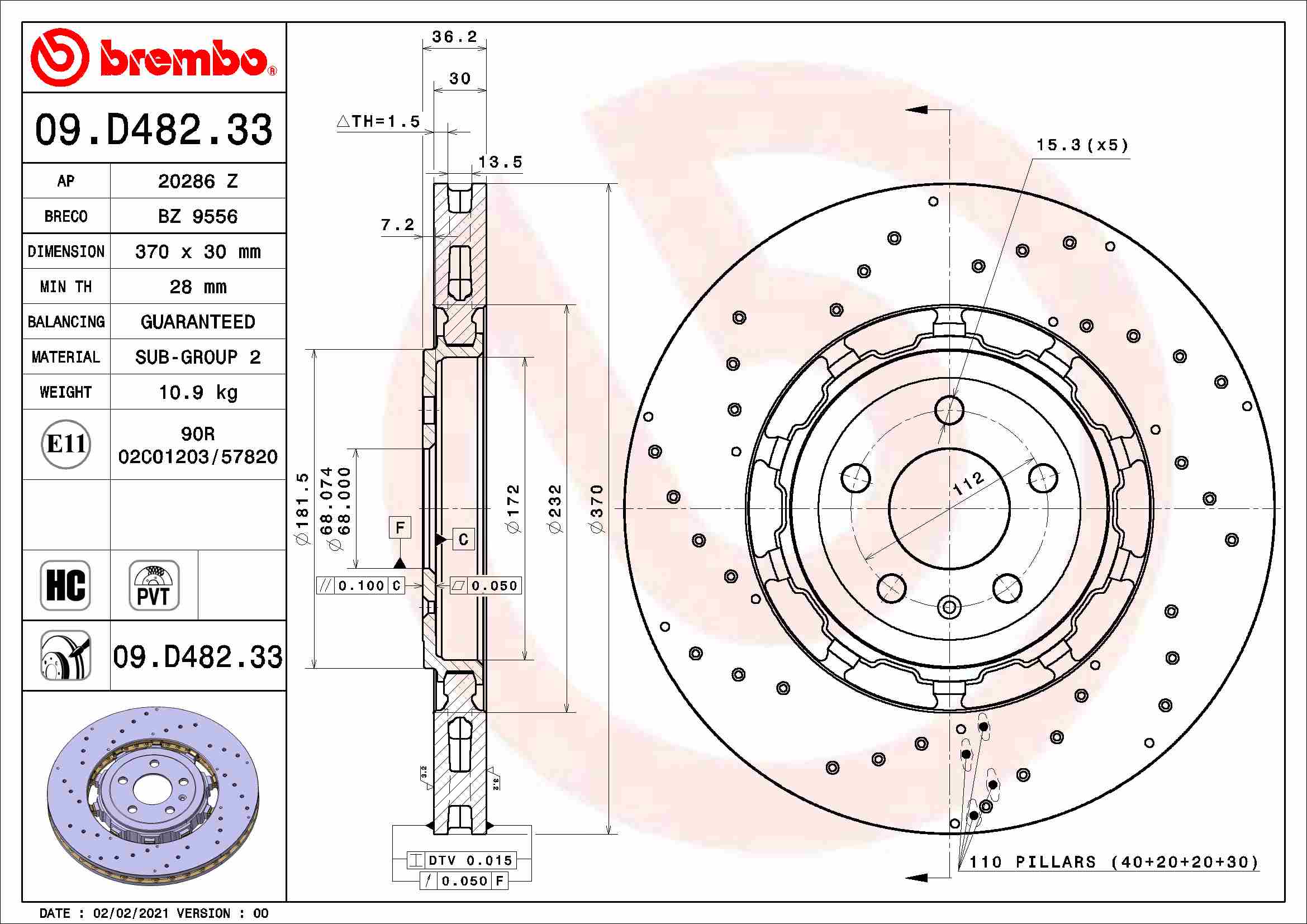 Disc frana spate BREMBO 2 piese ventilat intern AUDI A6 C8 A7 Q8 diametru 370mm grosime 30mm 5 gauri montare dreapta/stanga