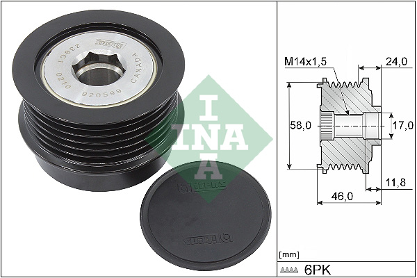 Sistem roata libera generator INA Rulita alternator CHRYSLER RAM VOYAGER IV 2.5D/2.8D 02.00-07.09 6 nervuri 24mm