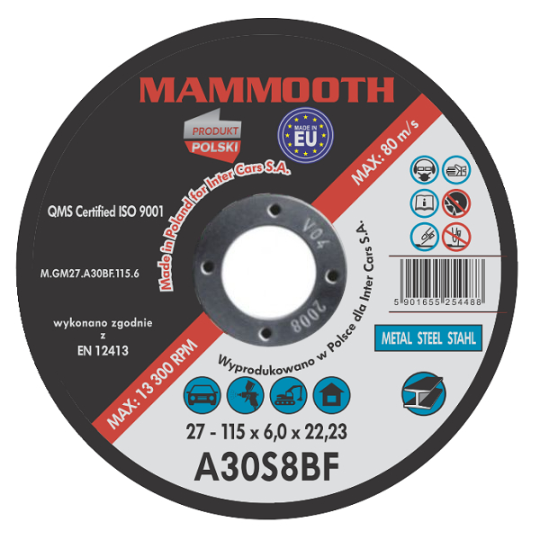 Suport disc abraziv polizor multifuncțional MAMMOOTH 115mm x 6mm P30 10buc lustruire metal oțel orificiu 22mm