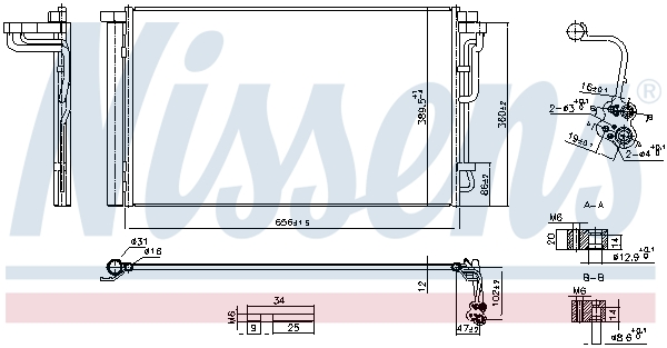 Condensator climatizare aluminiu cu uscator HYUNDAI ELANTRA VI I30 1.4/1.6/2.0 10.15- Inaltime 390mm Latime 656mm Grosime 12mm