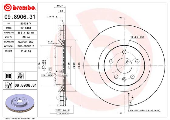 Disc Frana Fata Dreapta/Stanga BREMBO 355mm 5 Gauri Chevrolet Camaro 6.2 09.09- Ventilat Intern