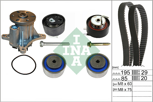 Set pompa apa curea dintata INA Latime 29mm Latime 20mm Numar dinti 195 Numar dinti 85 Numarul de curele 2