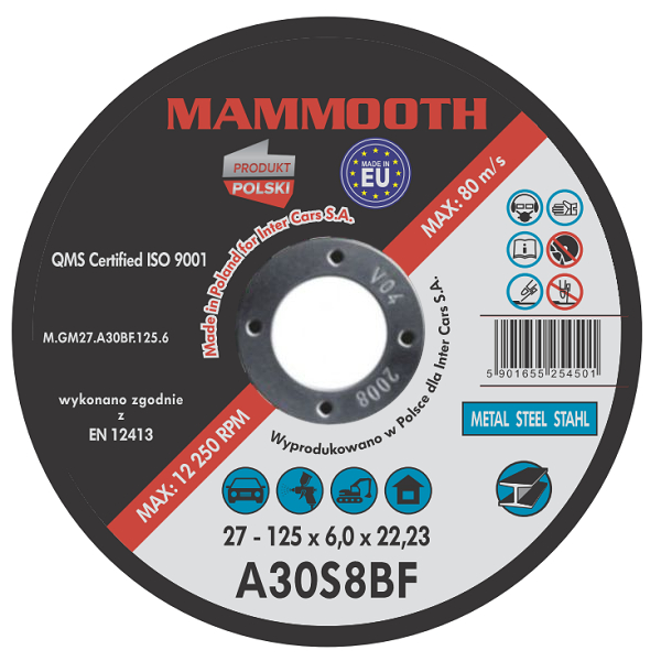 Suport Disc Abraziv Polizor Multifuncțional MAMMOOTH 125mm 6mm Granulometrie 30 Metal/Oțel 22mm Orificiu Montare