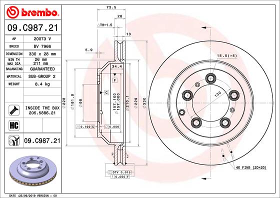 Disc Frana BREMBO Spate Dreapta/Stanga Porsche Cayenne 05.17- Diametru 330mm Grosime 28mm Ventilat Intern 5 Gauri