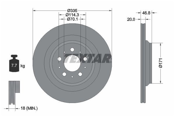 Disc frana spate ventilat intern TEXTAR Tesla Model 3 Electric 335mm 70.1mm 46.8mm 20mm 5 gauri 114.3mm 01.17-