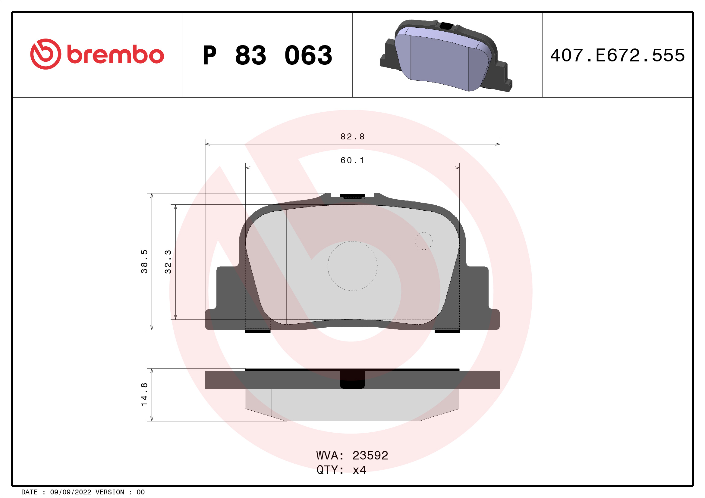 Set placute frana disc BREMBO Toyota Camry Prius 1.5H/2.2/3.0 08.96-12.09 Lexus Spate 39x83x15mm