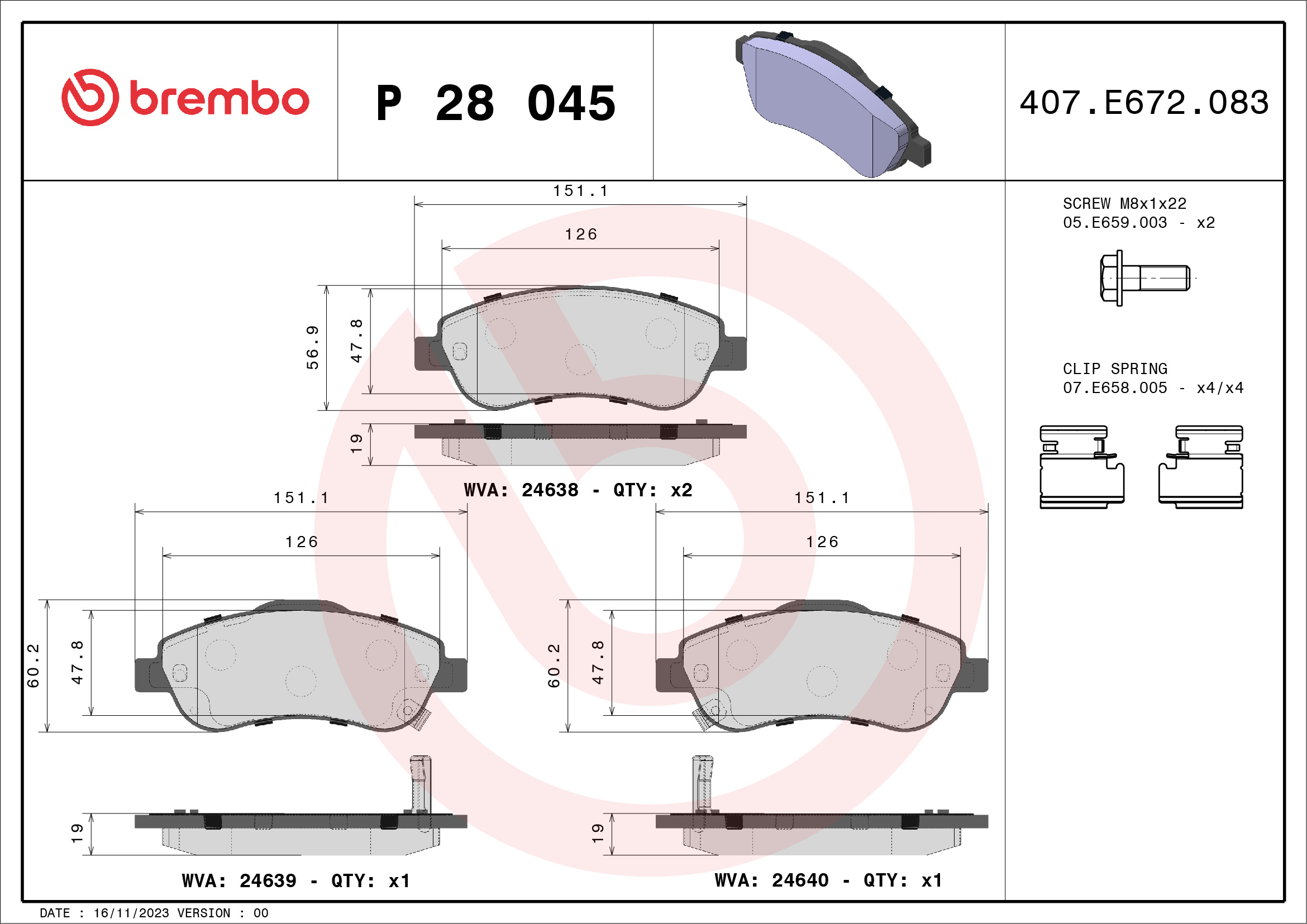 Set Placute Frana Disc BREMBO Honda CR-V III IV 1.6D-2.4 06.06- Fata Inaltime 57mm Latime 151mm Grosime 19mm Senzor Uzura Da