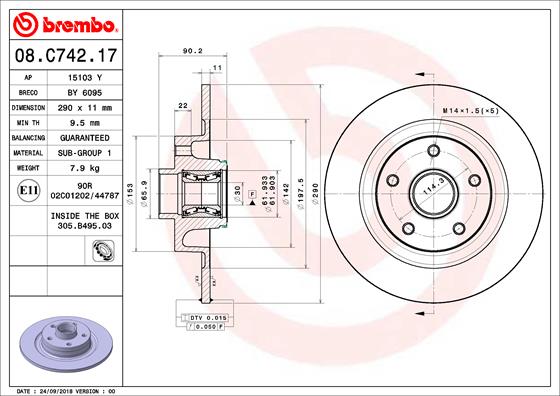 Disc frana BREMBO Spate Dreapta/Stanga cu rulment inel ABS Renault Espace V 290mm 5 gauri 11mm grosime 30mm centrare