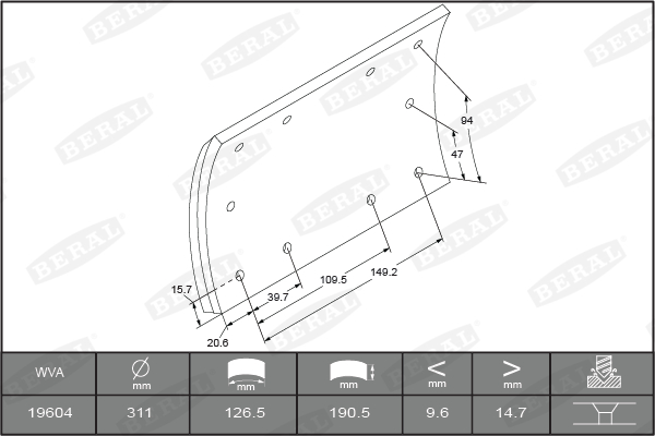 Set Garnituri Frictiune Frana Tambur BERAL Ferodou Sabot Frana 311x190mm MERITOR TM 14.8/15.2mm 190mm 80 Nituri L10