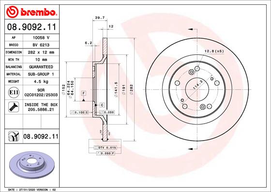 Disc frana BREMBO Spate Dreapta/Stanga HONDA S2000 2.0 06.99- Diametru 282mm Inaltime 40mm Grosime 12mm 5 Gauri Plin