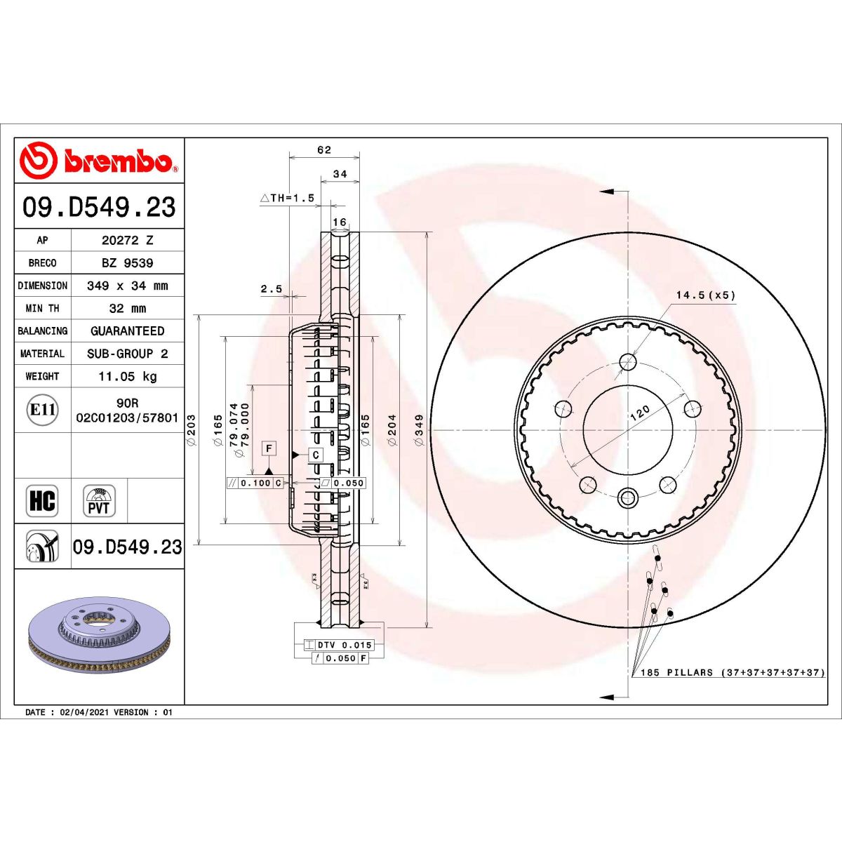 Bremsscheibe BREMBO 09D54923 vorne, bel&uuml;ftet, hochkarbonisiert, 1 St&uuml;ck