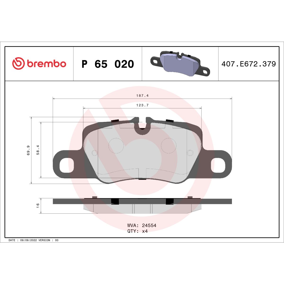 Brembo Set Di Pastiglie Freno P 65 020, Posteriore