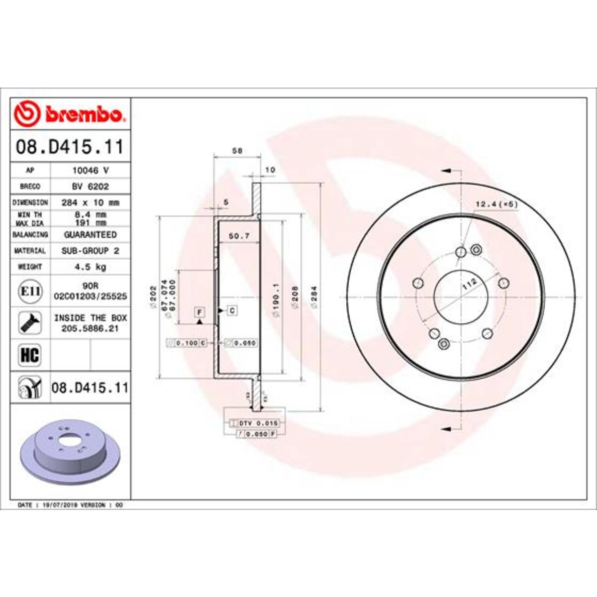 Bremsscheibe BREMBO 08D41511 hinten, voll, hochkarbonisiert, 1 St&uuml;ck