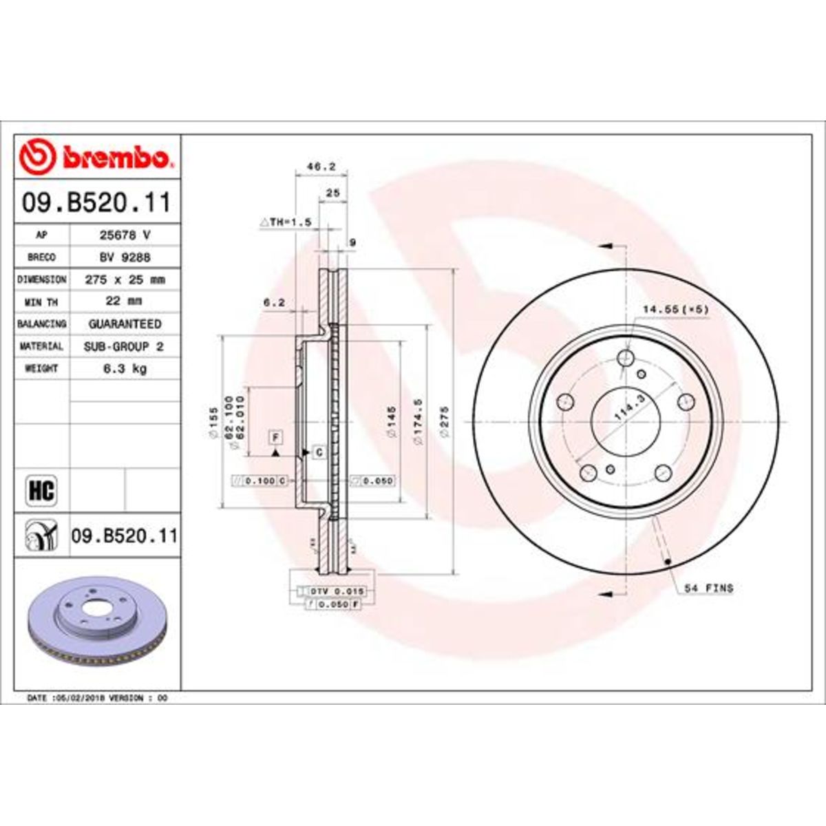 Bremsscheibe BREMBO 09.B520.11, 1 St&Atilde;&frac14;ck