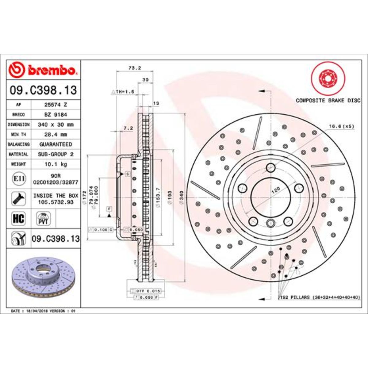 Disco freno BREMBO 09C39813 anteriore, ventilato, fessura, altamente carbonizzato, 1 Pezzo