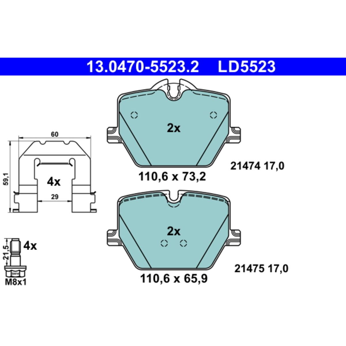 Bremsbelagsatz ATE 13.0470-5523.2, Hinten, Keramik