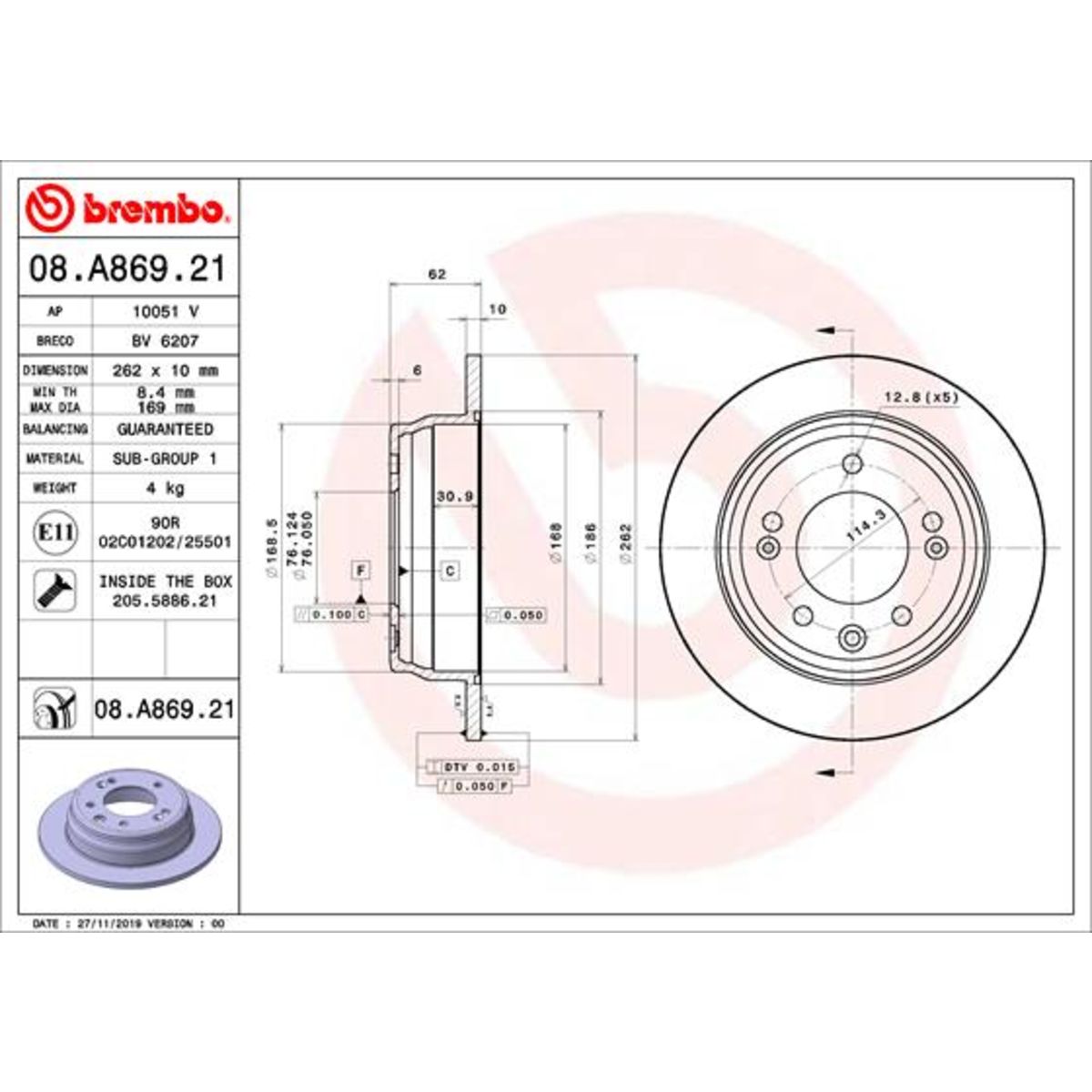 Bremsscheibe BREMBO 08A86921 hinten, voll, 1 Stück