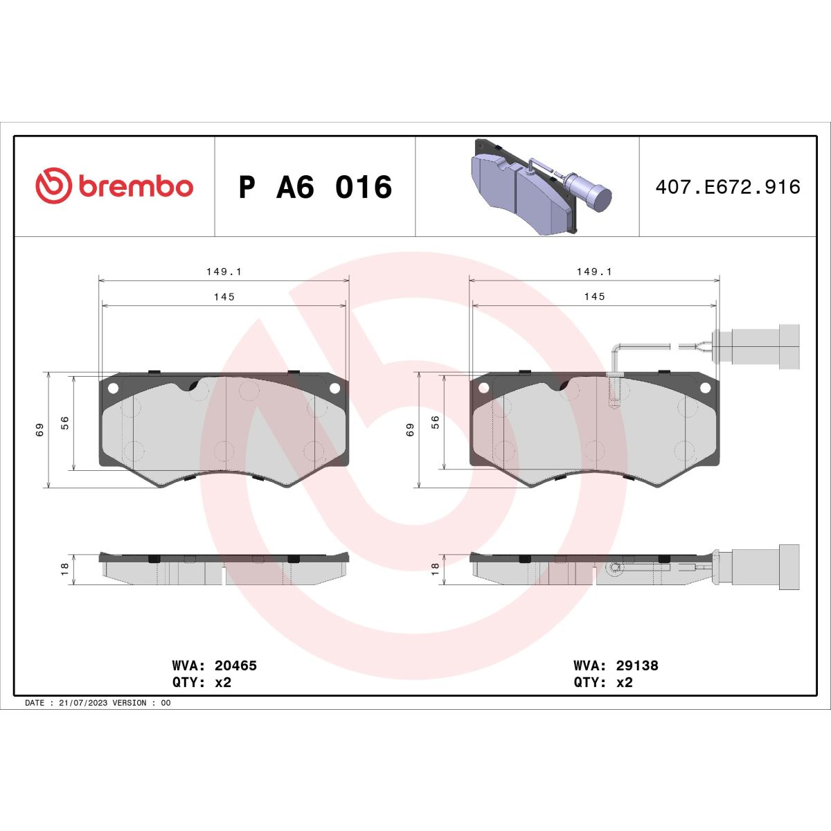 Brembo Jeu De Plaquettes De Frein P A6 016
