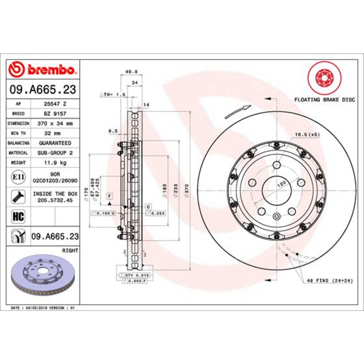 Bremsscheibe BREMBO 09A66523 vorne, bel&uuml;ftet, hochkarbonisiert, 1 St&uuml;ck
